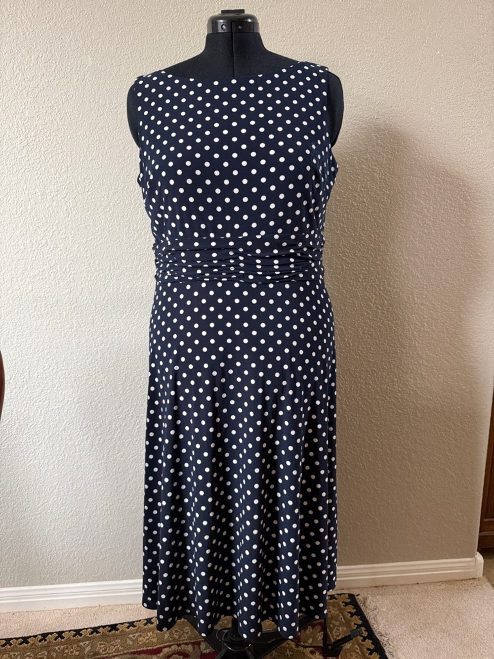 Chaps Navy and White Polka Dot Sleeveless Midi Dress